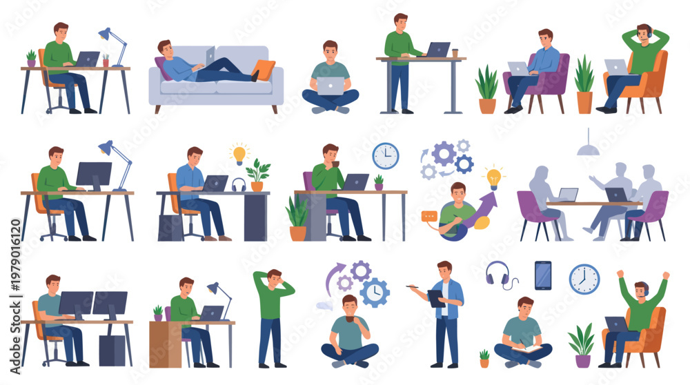 Fototapeta premium Flat Design People Working on Computers, Remote Work, Freelance Business Collaboration