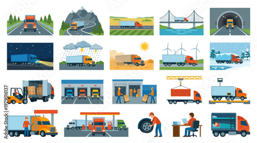 Flat Design Trucking and Logistics Industry Vector Illustration Set - Transportation  Delivery