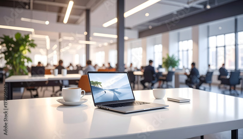 A modern, open-plan office space features a laptop displaying a beach scene, alongside coffee cups and a notebook, suggesting a productive and relaxed work environment.