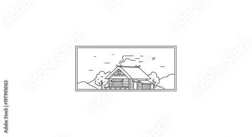 Minimalist Japanese House with Thatched Roof in a Serene Landscape