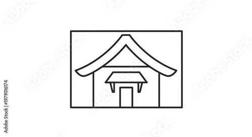 Minimalist Japanese Shrine Icon: Simple Outline of Traditional Torii Gate and Temple Building