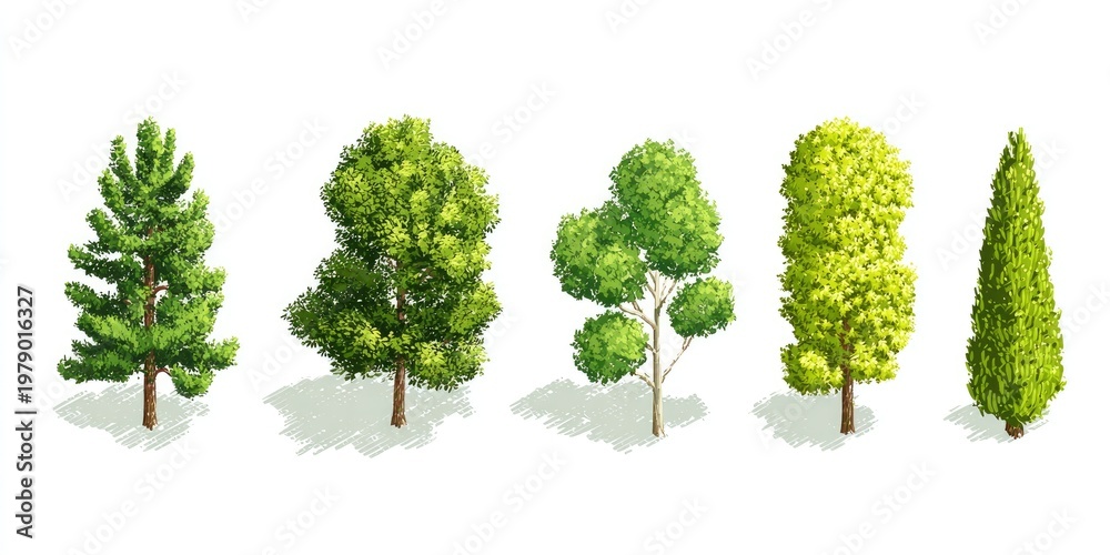 Fototapeta premium A row of five stylized trees in varying shapes, textures, and shades of green