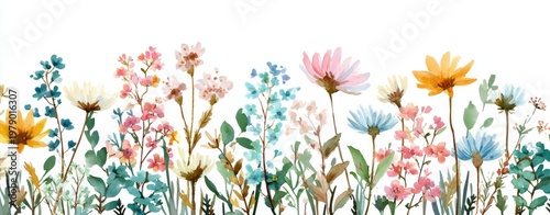Watercolor illustration of a diverse meadow, featuring various colorful wildflowers against a white background