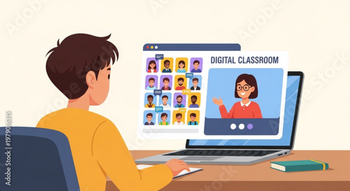 Student in digital classroom on laptop with teacher and peers online