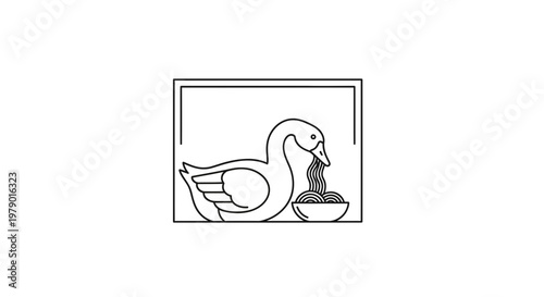 Minimalist Line Art: Duck Eating Noodles from Bowl in Square Frame