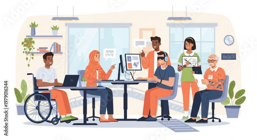 Diverse team collaborating in an inclusive office environment with wheelchair accessibility