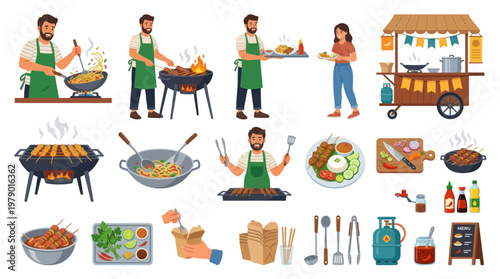 Asian Street Food Cooking  Grilling Flat Vector Illustration Set with Vendors