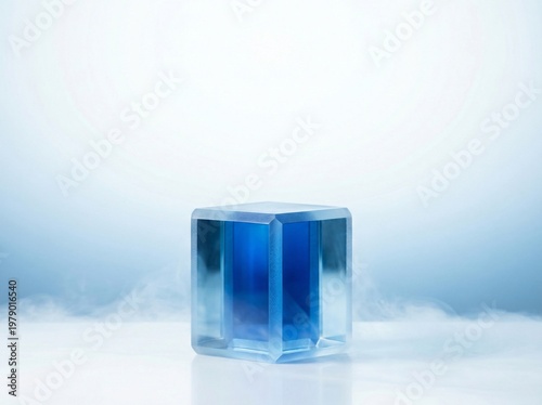 Translucent Ice Blue Geometric Cube Podium with Soft Mist for Premium Product Display, Ice Block Stand with Empty Copy Space for Luxury Brand Presentation