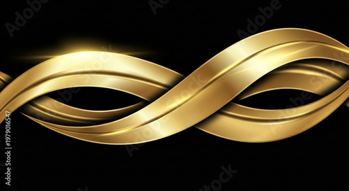 Golden ribbon curls in a luxurious infinity loop on a black background with warm lighting and a shiny texture