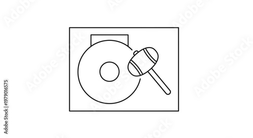 Line Art Icon of a Gong and Mallet, Symbolizing Sound, Music, and Performance