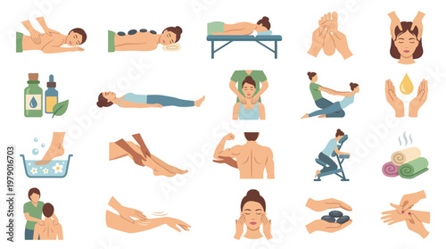 Spa and Massage Therapy Flat Vector Icons Set for Wellness and Relaxation Treatments