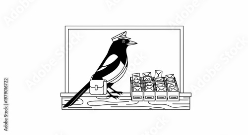 Magpie Postman Bird Delivering Mail with Satchel and Mailboxes