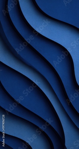Abstract, layered composition featuring undulating, paper-like forms in varying shades of blue