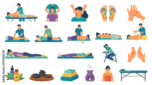 Flat Vector Massage Therapy and Spa Treatment Illustrations Set