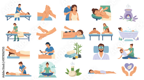 Wellness Spa and Massage Flat Design Vector Icons Set. Relaxation  Beauty Treatment Collection