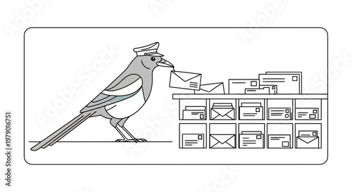 Magpie Mail Carrier Delivering Letters with a Hat and Mailbox