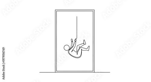 Man hanging from rope inside a doorway, concept of falling, risk, or challenge