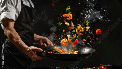 A chef dramatically tosses fresh shrimp and vegetables into a hot pan, creating a dynamic culinary scene with a splash of vibrant ingredients.