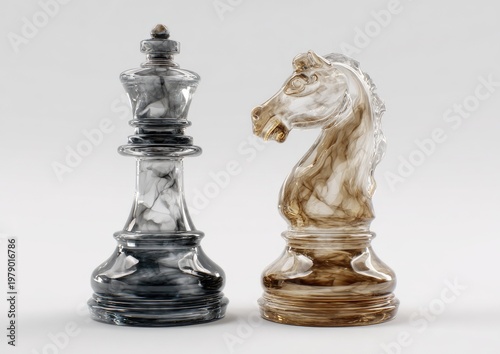 Two translucent, marbled chess pieces, king and knight, against a white background