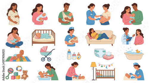 Parenthood  Newborn Care Flat Vector Illustrations Set: Pregnancy, Babies, Parents, Doctors
