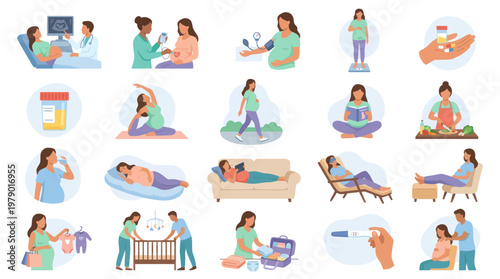 Pregnant Woman Healthcare Medical Icons Flat Vector Art