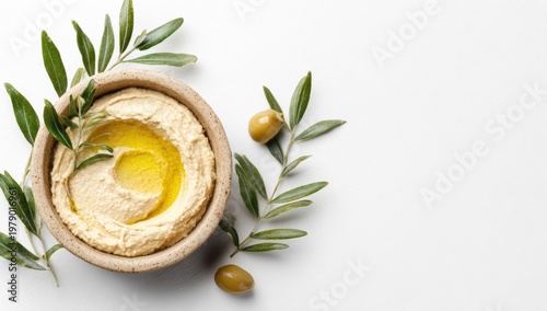 Hummus in rustic bowl, drizzled oil, olive branches, olives, isolated on white background