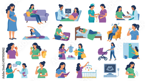 Pregnancy Maternity Care Flat Vector Illustration Set for Women's Health