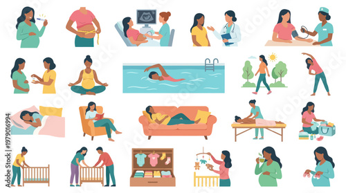 Maternity and Pregnancy Journey Flat Vector Illustration Set: Prenatal, Postpartum Care  Motherhood