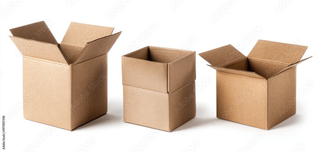 Fototapeta premium Three opened brown cardboard boxes of varying sizes against a white background