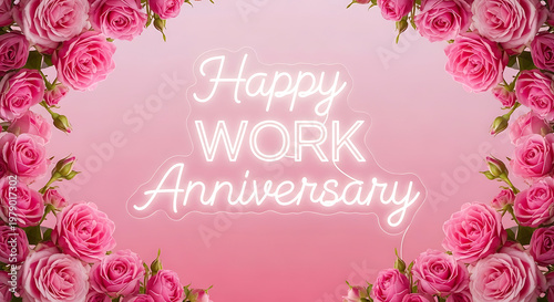Pink roses frame neon text happy work anniversary on soft pink background flowers floral border