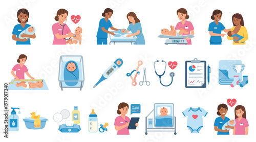 Newborn Care Flat Vector Illustrations: Nurses, Babies,  Pediatric Medical Equipment