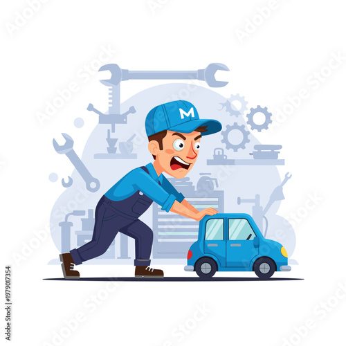 Angry Mechanic Pushing A Small Broken Down Car In A Garage Illustration