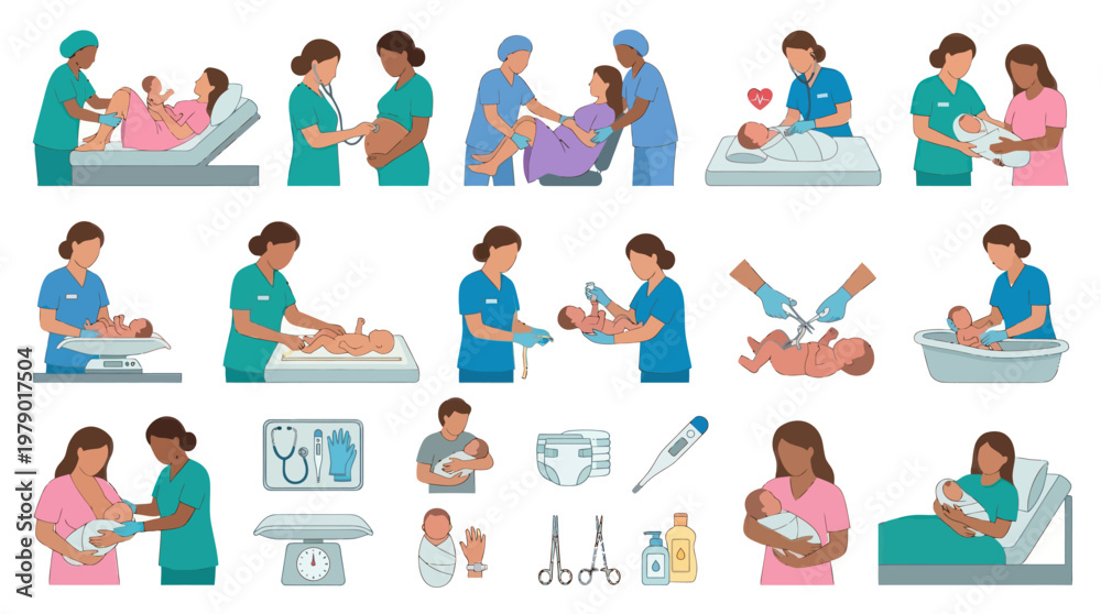 Fototapeta premium Newborn Baby Care Icons: Delivery, Bathing, Weighing, Mom Nurse