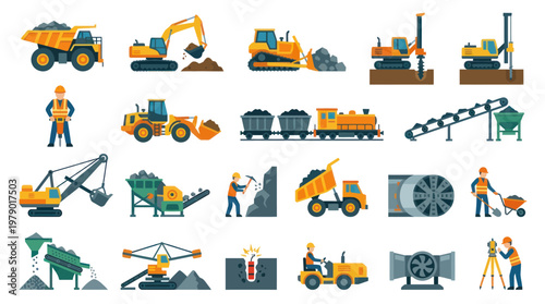 Mining Industry Equipment Vector Icons - Flat Design