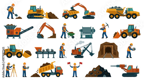 Mining Industry Flat Design Vector Icons with Construction Machinery and Workers