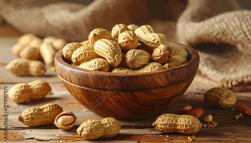 A rustic wooden bowl overflows with peanuts, scattered across a weathered wooden surface alongside a burlap sack, creating a warm and inviting still life.