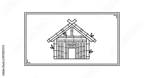 Hand-drawn bamboo hut icon, traditional tribal dwelling, simple line art, cultural symbol