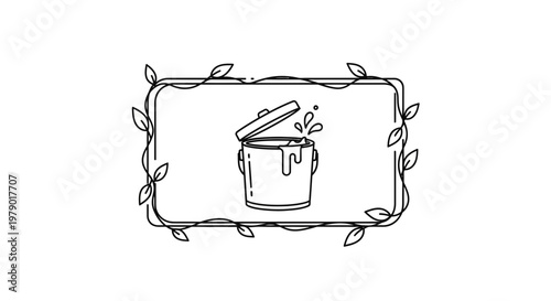 Hand-drawn paint can with dripping paint and leaves frame, doodle art