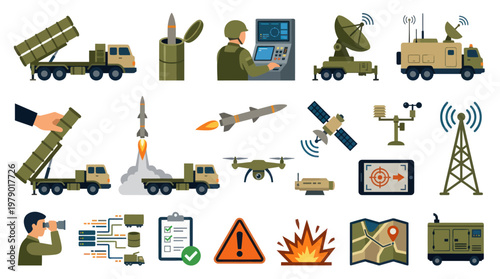 Flat Military Defense Technology Vector Icons Set: Army, Security, and Warfare Systems
