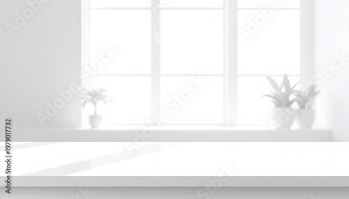 A minimalist interior scene showcases a bright white tabletop with potted plants positioned in front of a blurred window, creating a serene and clean aesthetic.