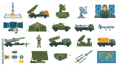 Military Technology Flat Design Icons: Rockets, Radar, Drones, Command Center