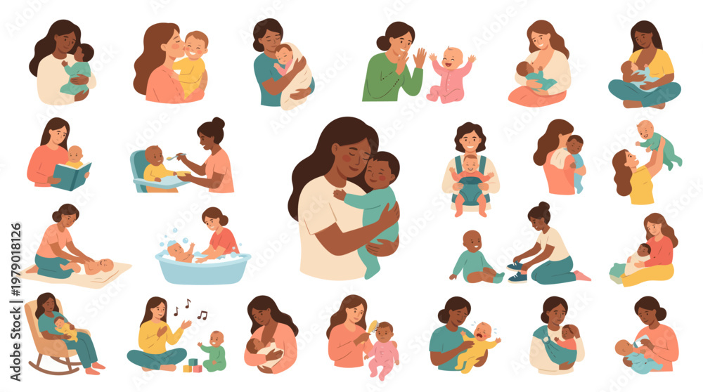 Fototapeta premium Flat Style Vector Collection: Mothers Holding and Caring for Babies