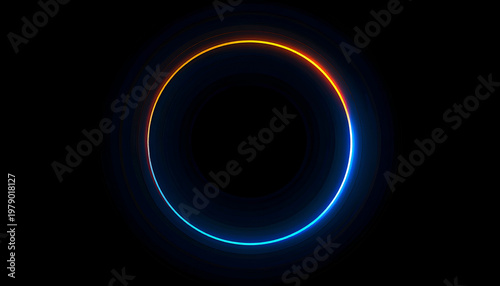 A striking image features concentric glowing circles in vibrant blue and orange against a deep black background.