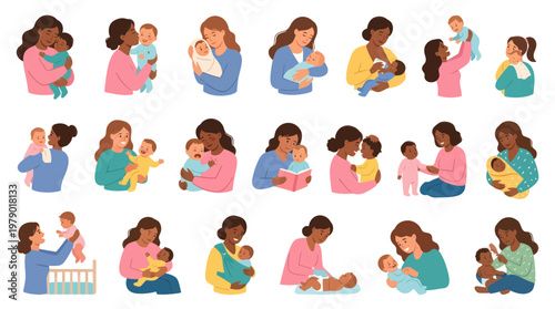 Diverse Mothers and Babies Flat Vector Illustration Set for Family and Parenting Niche