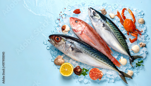 A vibrant overhead shot showcases a fresh seafood arrangement of tuna, mackerel, and red fish, artfully displayed on a bed of ice with shells, crab, and lemon.