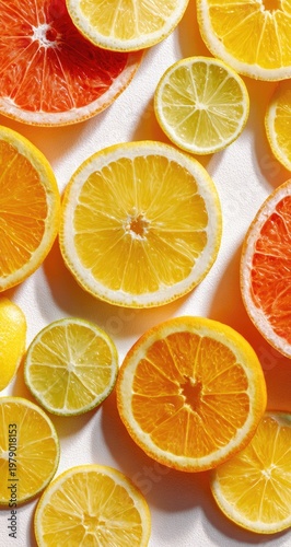 Overhead close-up of sliced citrus fruits oranges, lemons, limes, and grapefruit