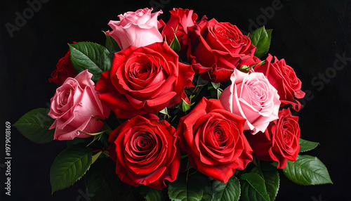 A stunning arrangement of vibrant red and delicate pink roses against a dark backdrop.