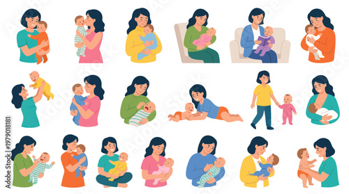 Mothers and Babies Flat Illustration Set: Diverse Parenting and Childcare Moments