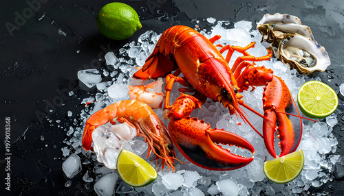 A vibrant still life showcases a luxurious assortment of fresh seafood, including lobster, shrimp, and oysters, artfully arranged on a bed of crushed ice with lime wedges.