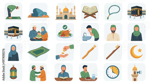 Flat Vector Muslim Daily Life  Islamic Religion Icons Set with Symbols  Practices